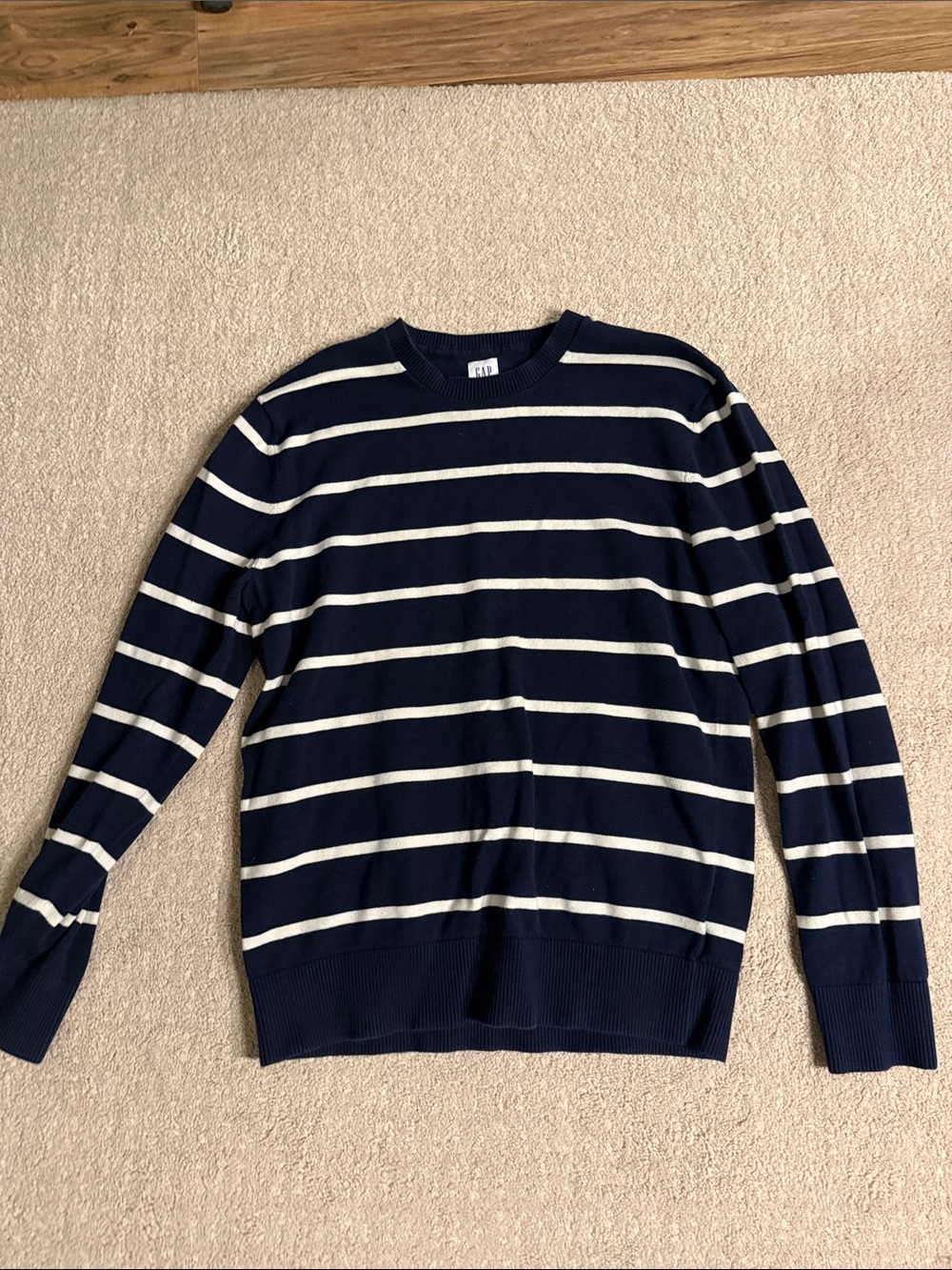 GAP Navy and White Striped Crewneck Sweater